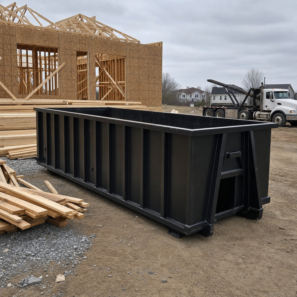 Matte-black 40-yard roll-off dumpster staged on a framed-out residential construction site in Santa Fe, framing lumber stacked nearby, hooklift delivery truck visible in the background under bright Colorado daylight