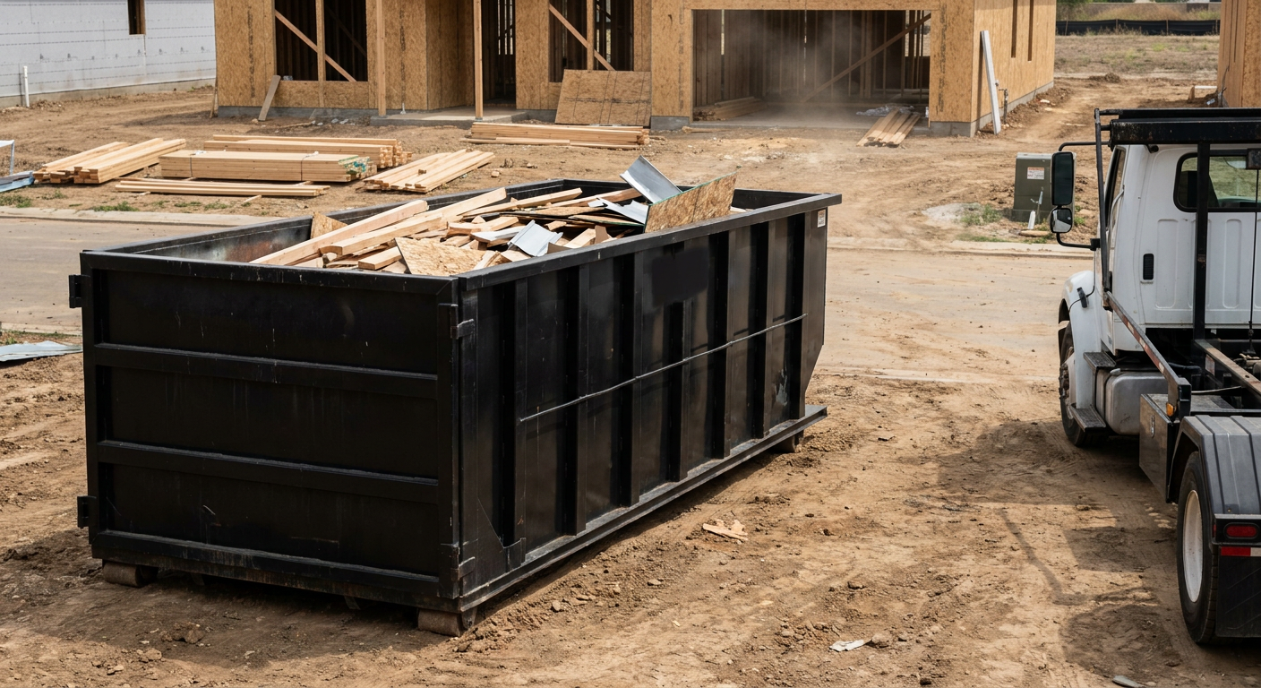 Matte-black 20-yard roll-off construction dumpster with heavy ribbed steel sidewalls and swing rear doors at a working jobsite in Santa Fe, sitting directly on compacted dirt with an unmarked white hauler partially visible at the far edge of the frame.