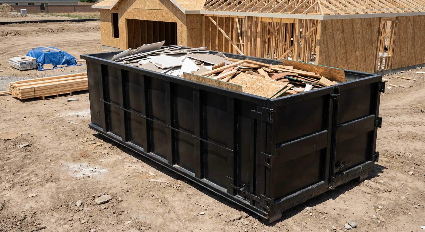 Matte-black 30-yard roll-off construction dumpster sitting directly on the compacted-dirt site of a framed single-family home build in Santa Fe, drywall and lumber scrap loaded inside.
