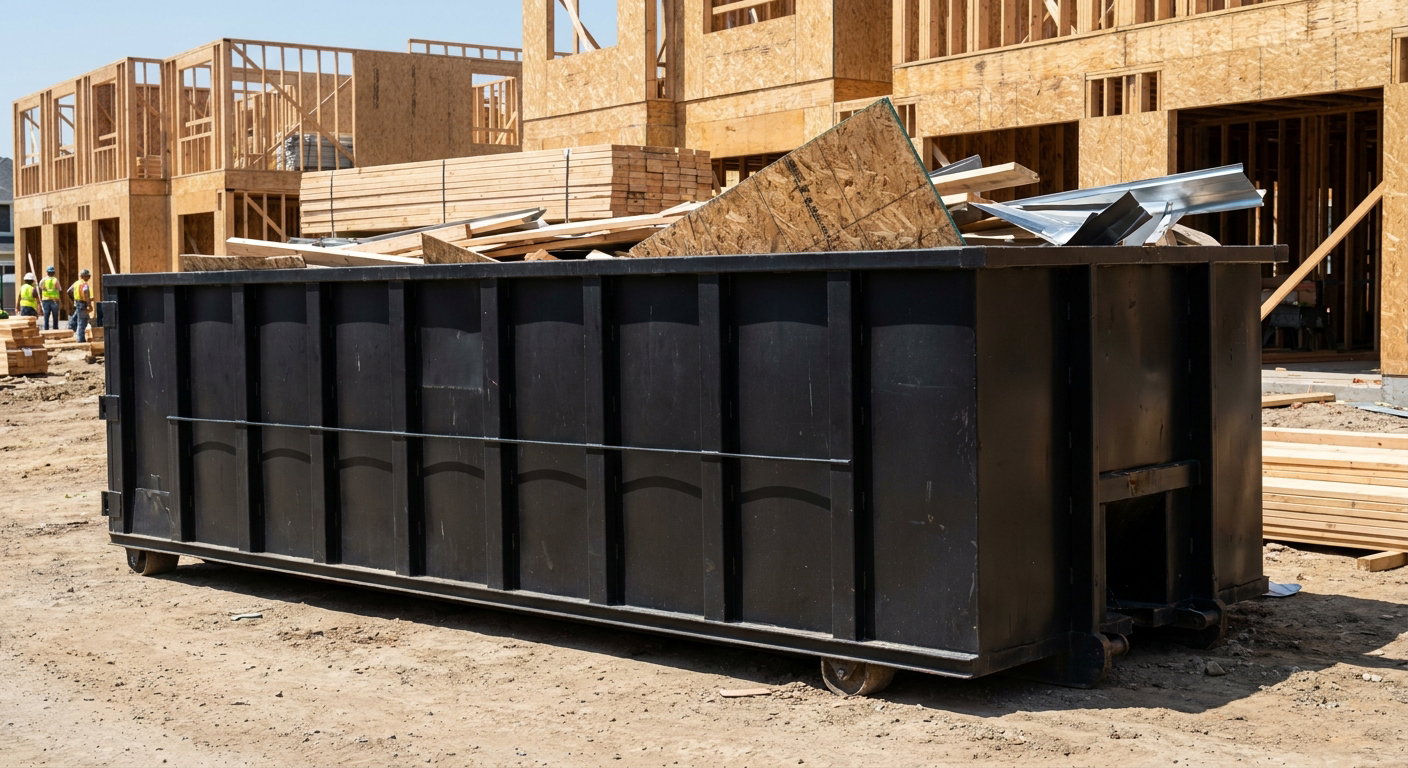 Matte-black 40-yard roll-off construction dumpster being lowered from a white-cab hooklift delivery truck onto the compacted-dirt jobsite at a commercial build site in Santa Fe