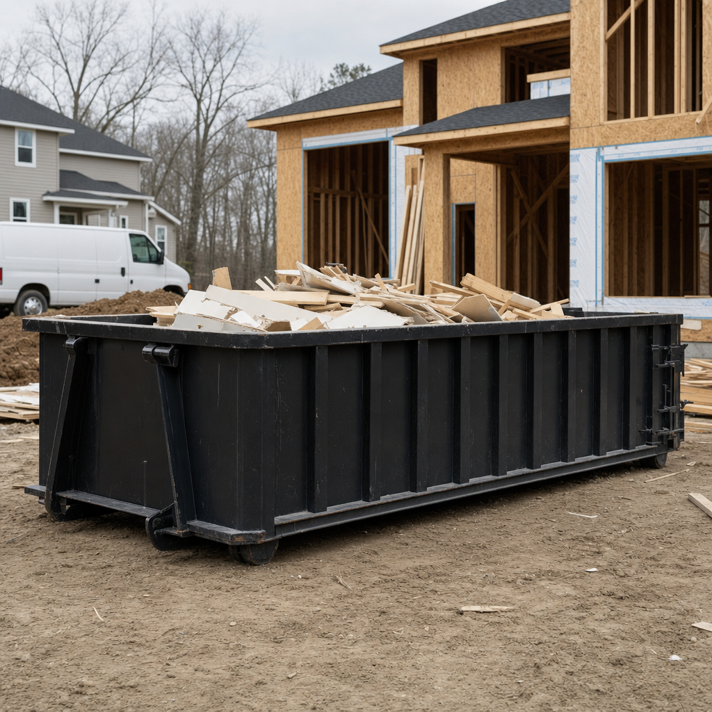 Worker in a yellow high-visibility vest tossing framing lumber and broken drywall into a matte-black 30-yard construction roll-off dumpster on an active build site in Santa Fe, bright daylight