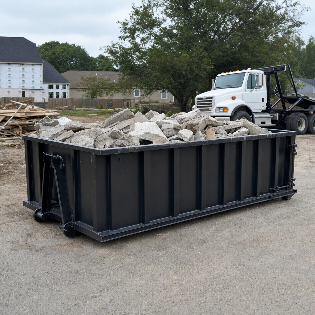 Low-profile matte-black lowboy roll-off dumpster loaded with broken concrete slab and rebar at a foundation tear-out in Santa Fe, skid steer parked beside it, sunny Colorado morning