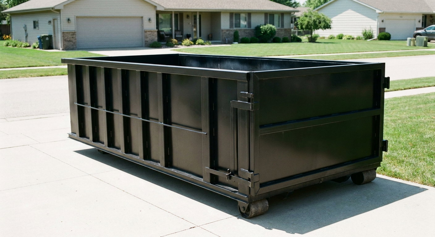 Matte-black 10-yard roll-off dumpster on a residential concrete driveway in Santa Fe, uniformly painted matte black across every panel and rail, ribbed steel sidewalls and rear swing door visible, mid-day daylight.