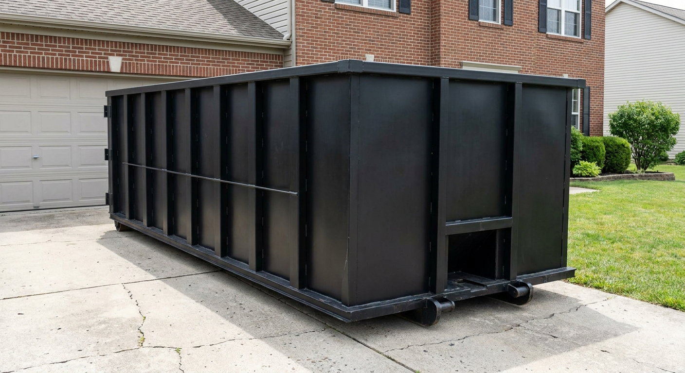 Matte-black 20-yard roll-off container on a Santa Fe residential concrete driveway with reinforced ribbed steel sidewalls and a hinged rear walk-in door, clean bright daylight.
