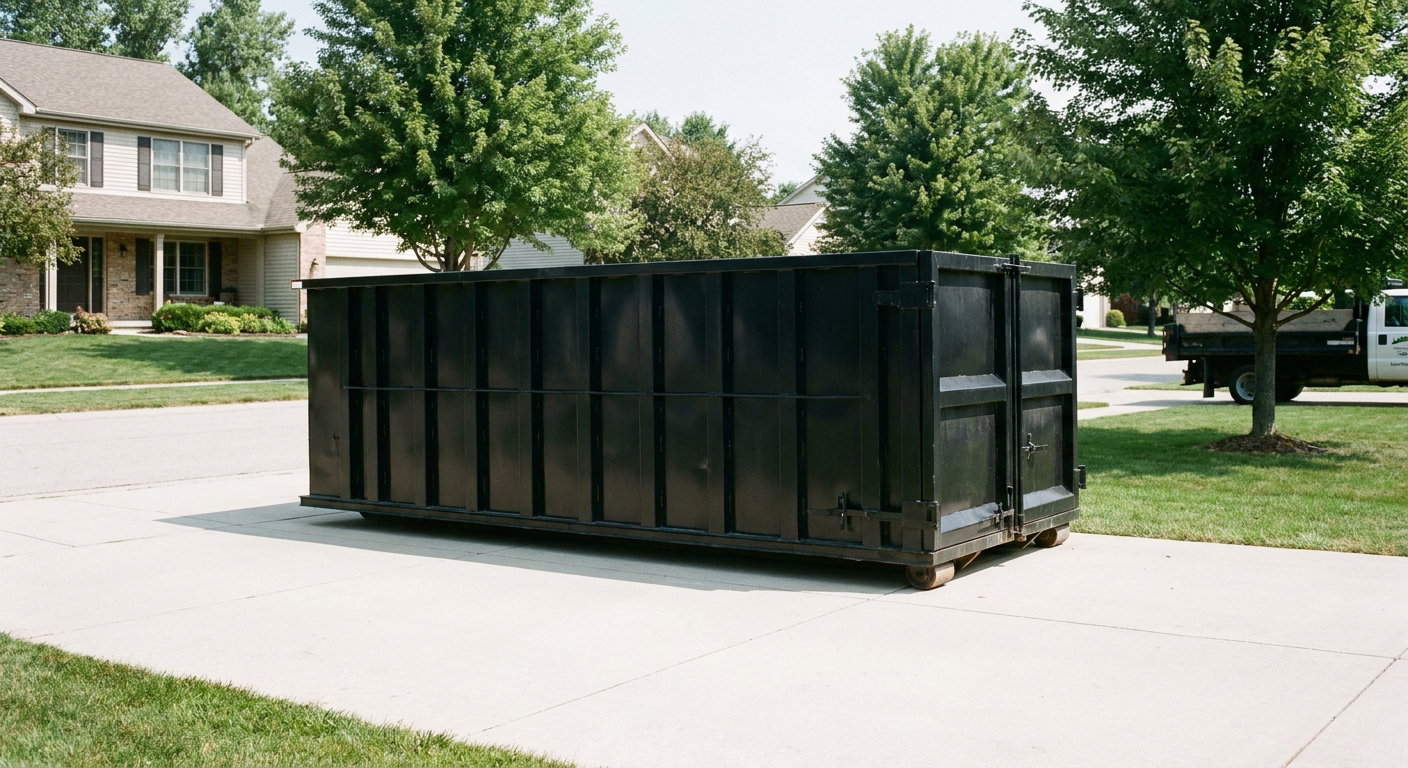 Matte-black 20-yard roll-off dumpster sitting level on a clean Santa Fe residential concrete driveway under bright daylight, demonstrating clean placement directly on the concrete.