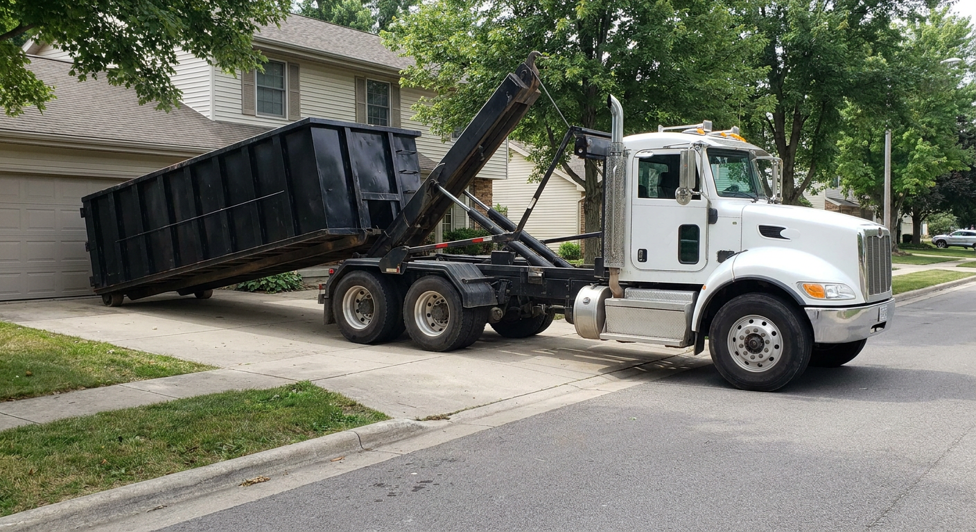 White-cab hooklift roll-off truck actively lowering a matte-black dumpster onto a Santa Fe residential concrete driveway, the dumpster's rear wheels touching the driveway as the hoist arm tilts the bed forward, mid-morning daylight.