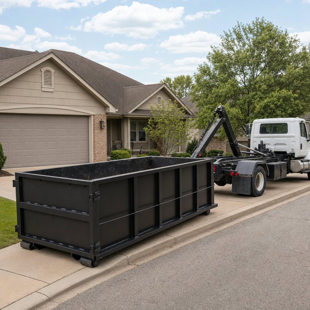 Wide documentary shot of a matte-black roll-off dumpster on a Santa Fe residential driveway in the foreground and a contractor jobsite container in the soft-focus background, bright daylight, calm and orderly composition.