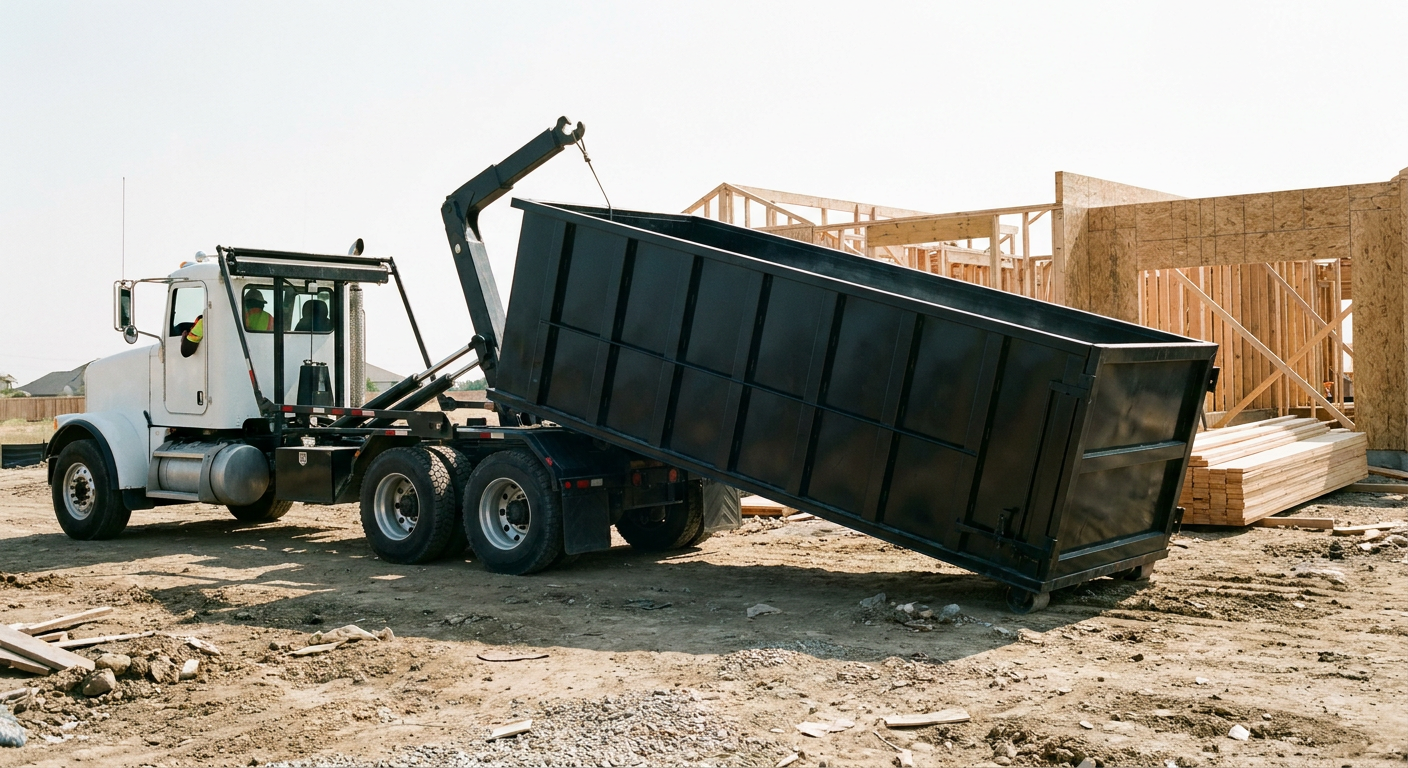 Matte-black roll-off dumpster being delivered onto a clean residential concrete driveway in Santa Fe by an unmarked white hooklift hauler truck, bright morning daylight, documentary 35mm perspective.