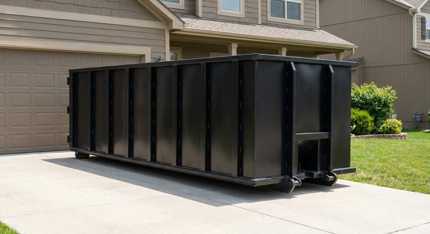 Matte-black residential roll-off dumpster sitting directly on a suburban Santa Fe concrete driveway, garage door closed, single-family home in background, bright morning daylight.