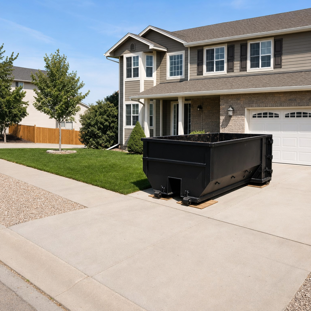 10-yard matte-black residential dumpster placed directly on a narrow Santa Fe concrete driveway, room remains for a parked sedan beside it, mid-morning natural light