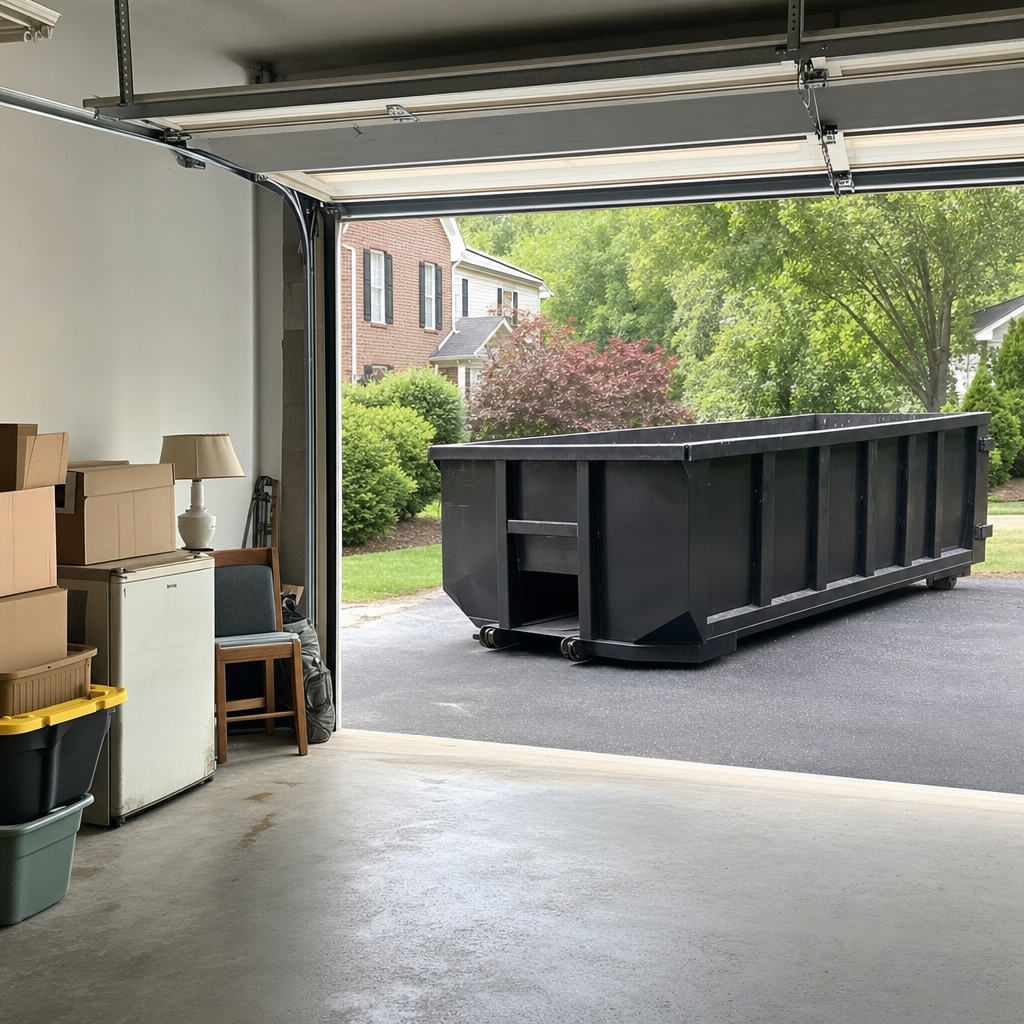 Open garage interior in a Santa Fe home mid-cleanout — boxed items, an old appliance, and stacked yard tools queued near the driveway for a matte-black roll-off dumpster, organized and calm