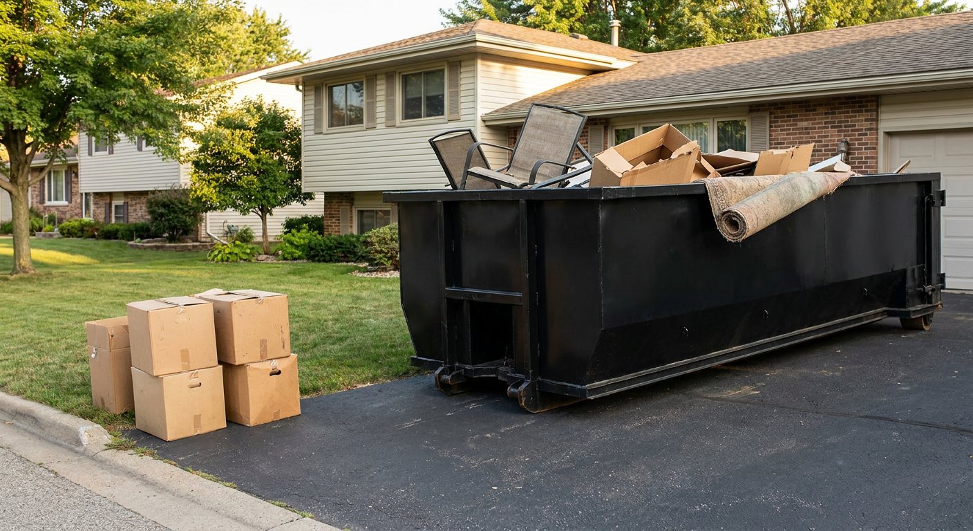 Front-yard view of a Santa Fe split-level home with a 20-yard matte-black roll-off dumpster sitting directly on the asphalt driveway, a few clearly labeled donation boxes staged at the curb, calm sunny afternoon.
