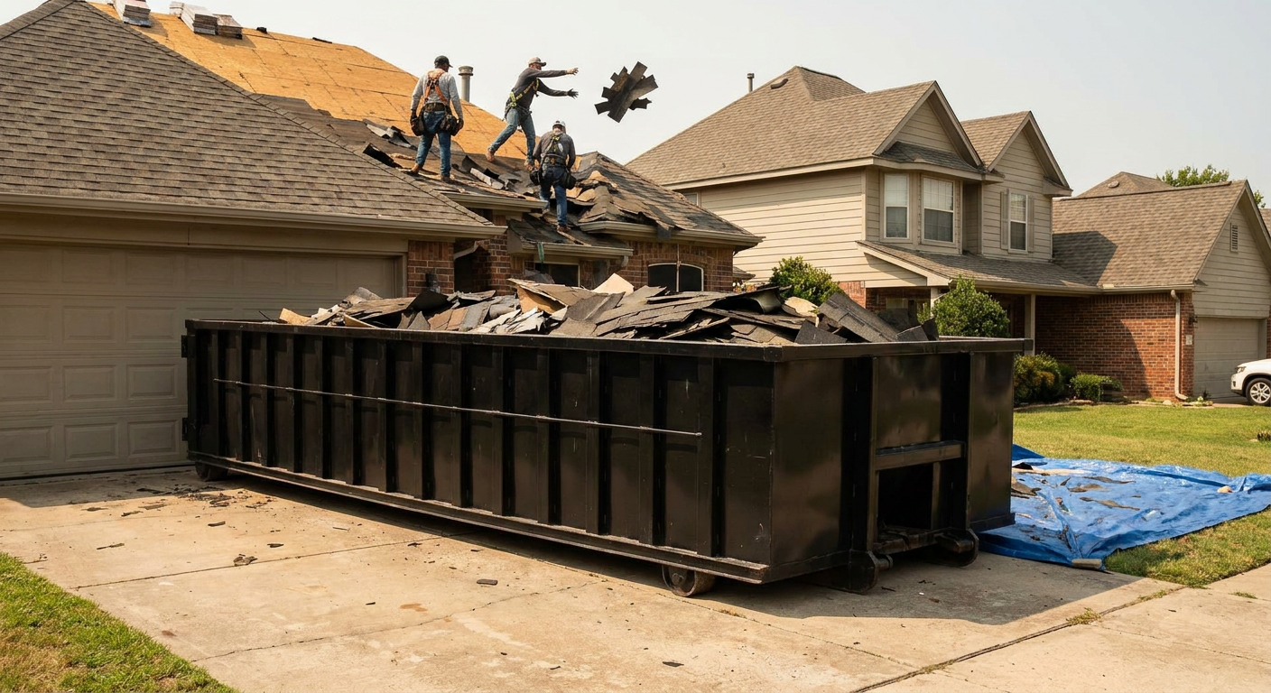 Matte-black roofing roll-off dumpster placed directly on a Santa Fe residential concrete driveway, a tear-off crew on a two-story asphalt-shingle roof tossing shingle bundles into the low-walled container, bright daylight, documentary 35mm perspective.