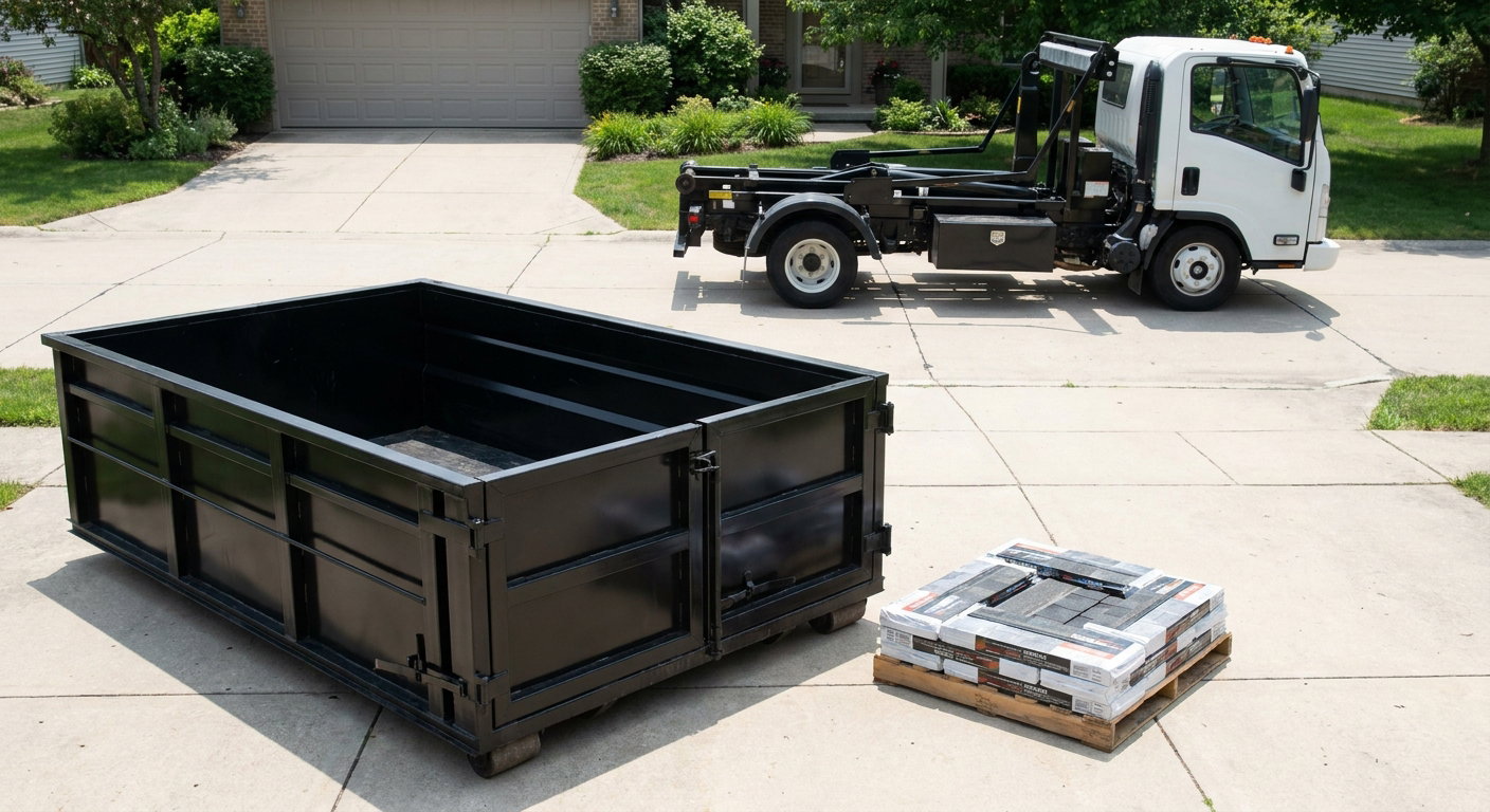 Matte-black 15-yard roofing roll-off dumpster with reinforced low side walls sitting directly on a Santa Fe residential concrete driveway, three-tab asphalt shingle bundles stacked nearby, an unmarked white hauler truck partially visible at the edge of the frame.