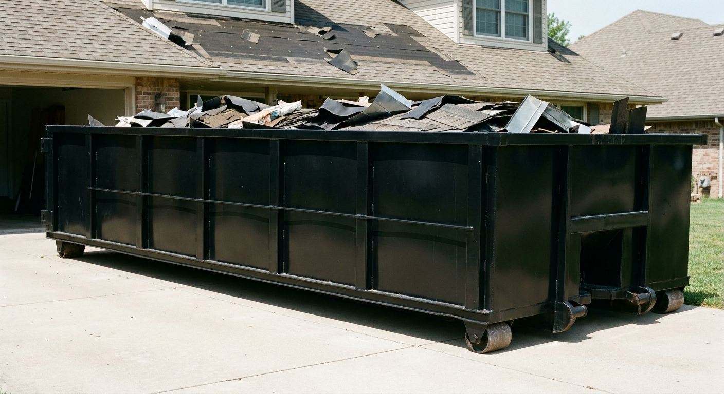Matte-black 20-yard roofing roll-off dumpster with steel ribbed sides and swinging rear door, sitting directly on the concrete driveway of a two-story Santa Fe home, asphalt shingle debris being loaded over the low wall, clean documentary lighting.