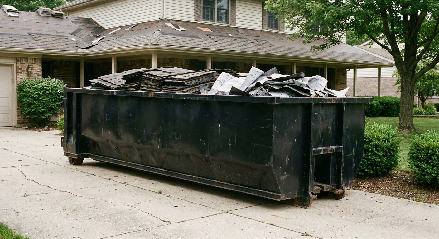 Matte-black 30-yard roofing roll-off dumpster sitting directly on a Santa Fe concrete driveway, taller ribbed steel side panels, mixed tear-off debris of asphalt shingles and underlayment inside, professional documentary daylight.