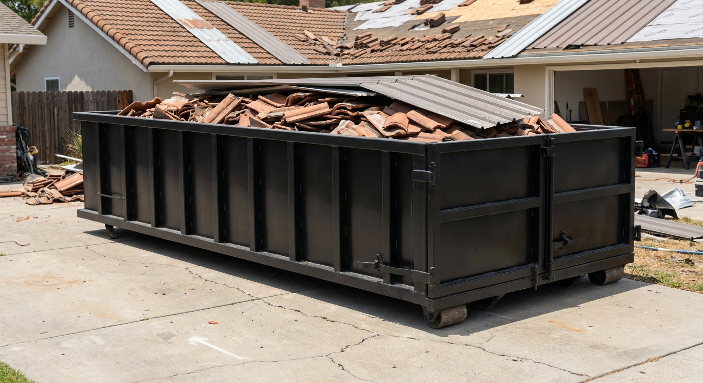 Matte-black low-wall heavy-debris roofing roll-off dumpster sitting directly on a Santa Fe concrete driveway, broken concrete clay roof tiles and metal panel sections loaded inside, reinforced ribbed steel side walls visible, bright outdoor daylight.