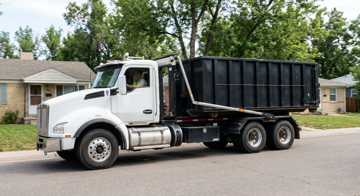 A wide documentary shot of a matte-black roll-off delivery truck pulling onto a quiet Santa Fe residential street at mid-morning, with neighborhood rooftops and tree-lined blocks visible behind, showing the metro coverage footprint.