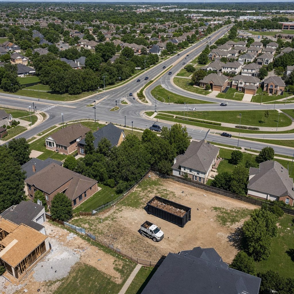 An overhead documentary view of the Santa Fe metro area at midday, showing the spread of neighborhoods, arterial roads, and the dispatch radius from a central yard — clean daylight, organized geographic layout.