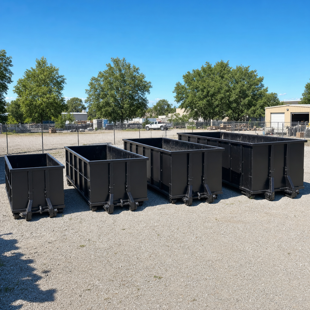 A clean lineup of matte-black roll-off dumpsters in 10, 20, 30, and 40-yard sizes staged on a sunlit gravel yard in Santa Fe, showing the size progression from compact to commercial-scale containers.