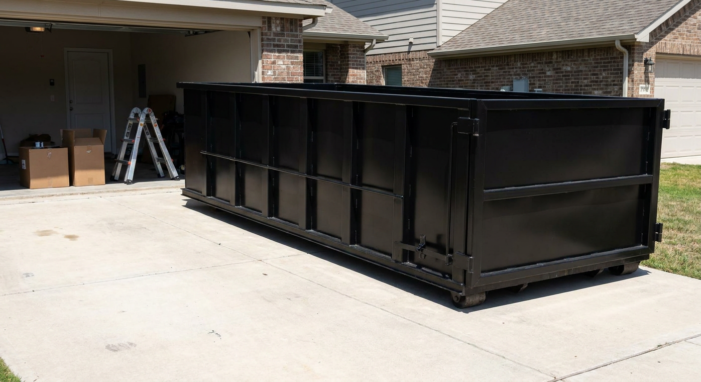 A matte-black 10-yard roll-off dumpster sitting directly on a residential Santa Fe concrete driveway, mid-day sunlight, clean and ready for a garage cleanout.