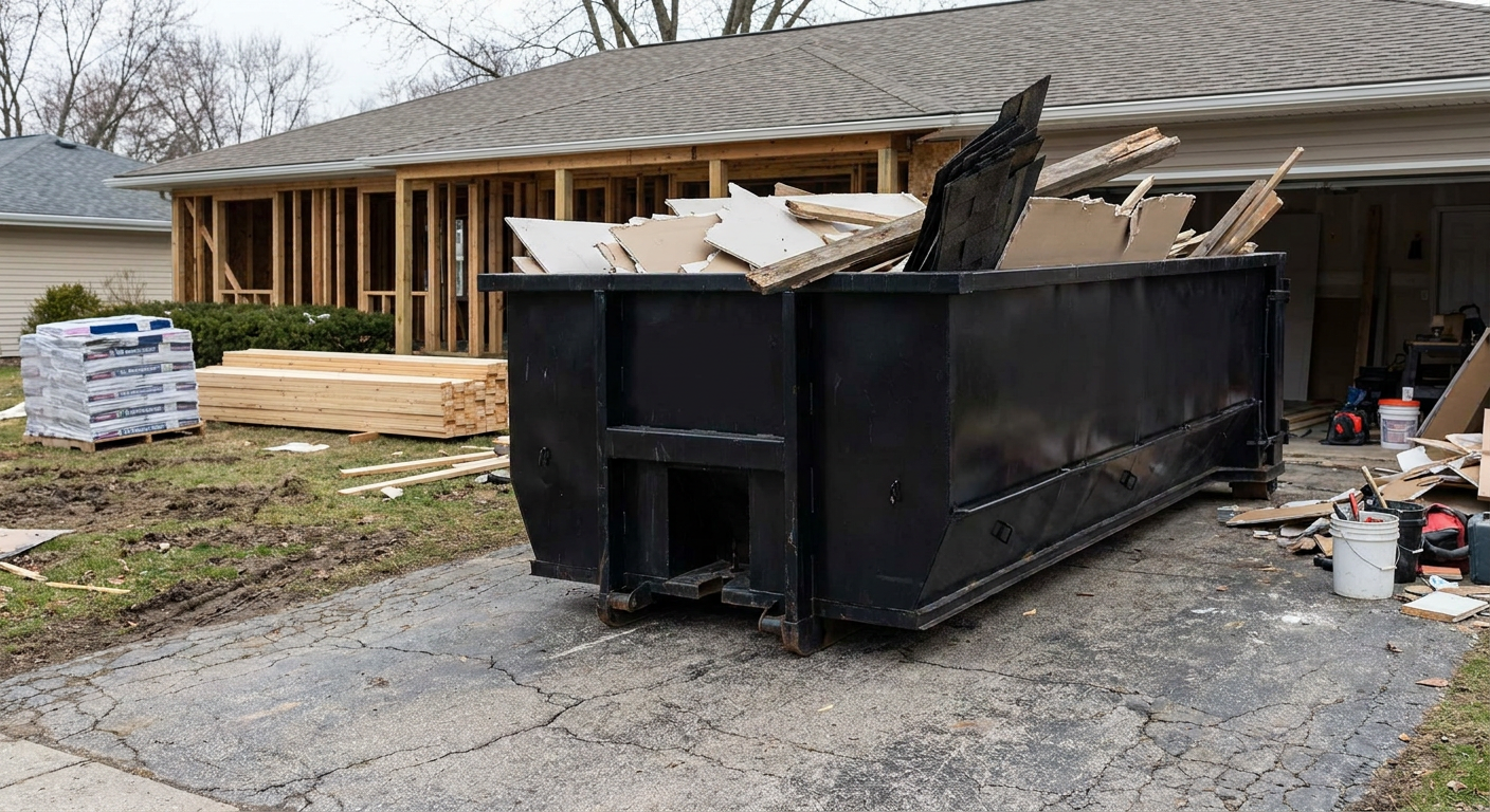 A matte-black 20-yard roll-off dumpster placed alongside a mid-renovation Santa Fe home directly on the asphalt driveway, with framing materials and torn-off shingles staged neatly nearby.