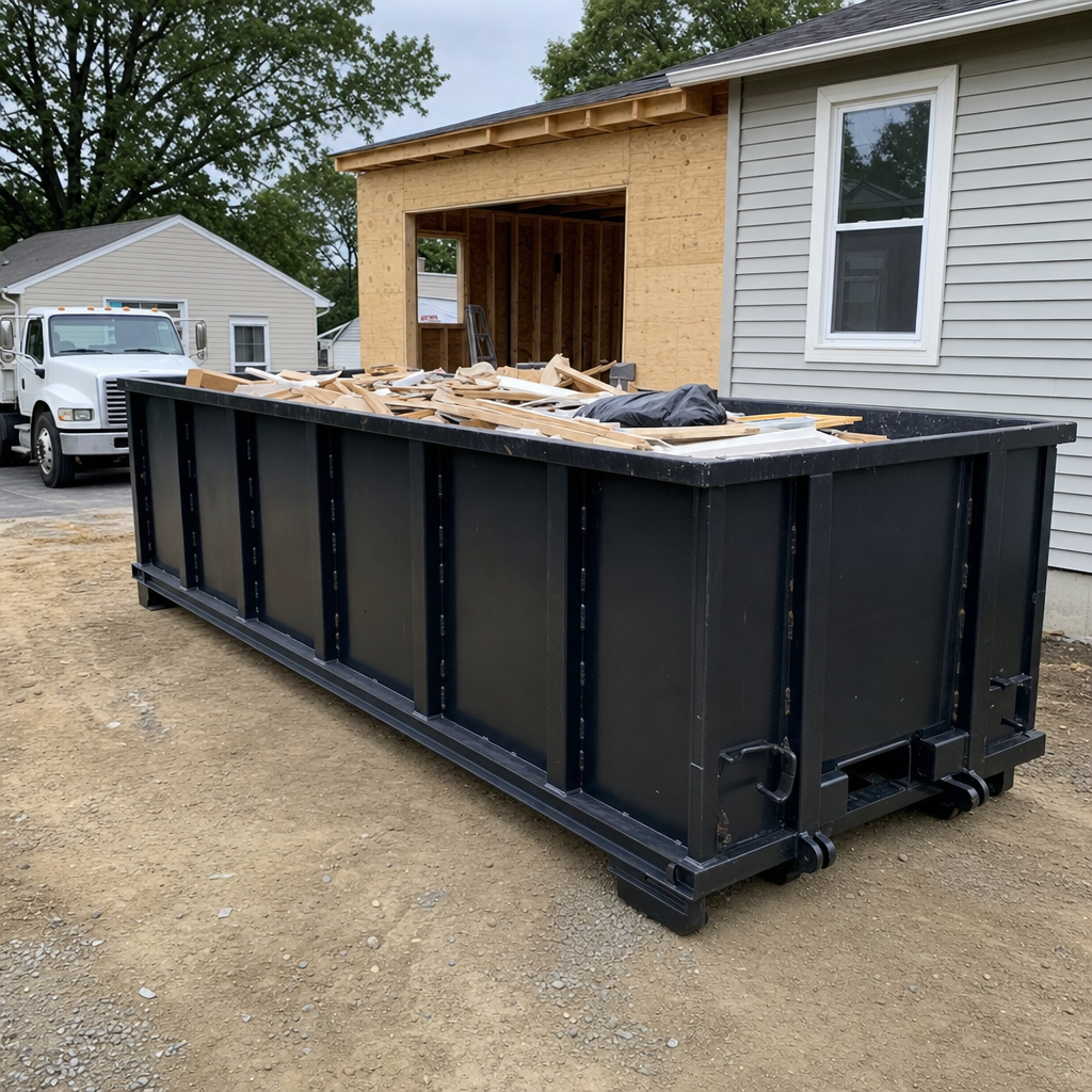 A matte-black 30-yard roll-off dumpster positioned at a Santa Fe residential addition jobsite, with framing lumber and drywall scraps loaded through the open swinging rear doors.