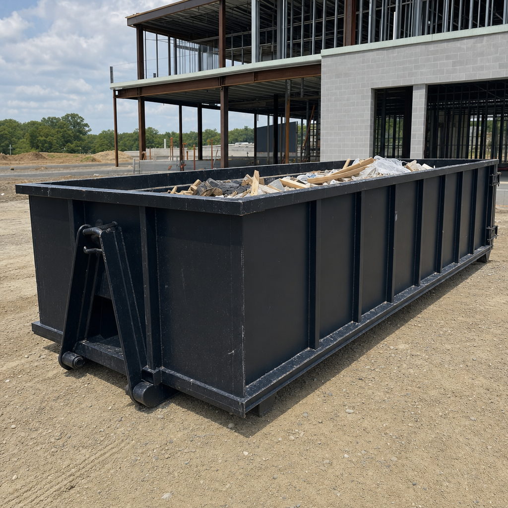 A matte-black 40-yard roll-off dumpster staged on a large Santa Fe commercial construction lot, with a hooklift delivery truck parked alongside under bright midday sky.