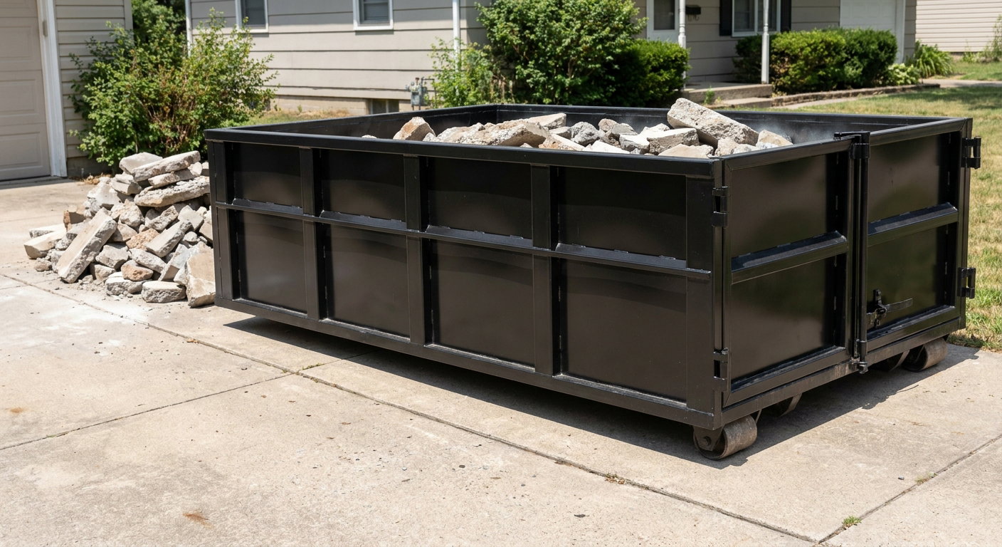 A matte-black low-side heavy-debris roll-off dumpster placed directly on a Santa Fe concrete driveway, with broken concrete chunks neatly stacked beside it under clean daylight.